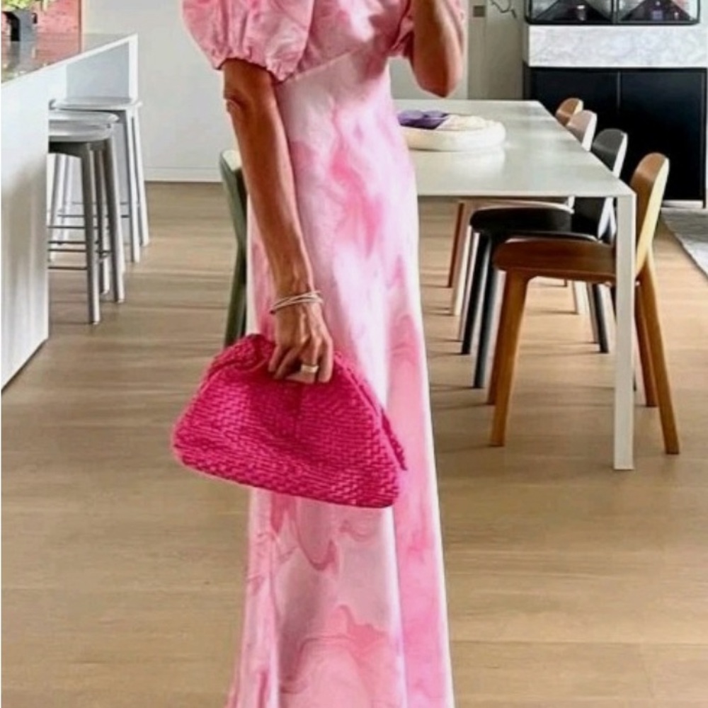 Pink Puff Sleeve Maxi Gown for Wedding Guests